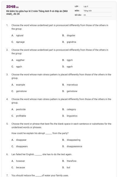 Đề kiểm tra giữa học kì 2 môn Tiếng Anh 9 có đáp án (Mới nhất)_ đề 28