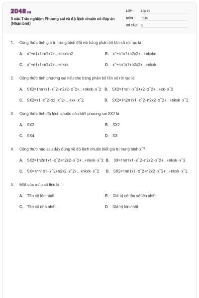 5 câu Trắc nghiệm Phương sai và độ lệch chuẩn có đáp án (Nhận biết)