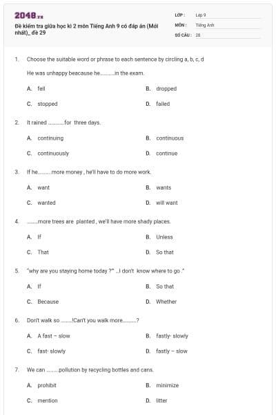 Đề kiểm tra giữa học kì 2 môn Tiếng Anh 9 có đáp án (Mới nhất)_ đề 29
