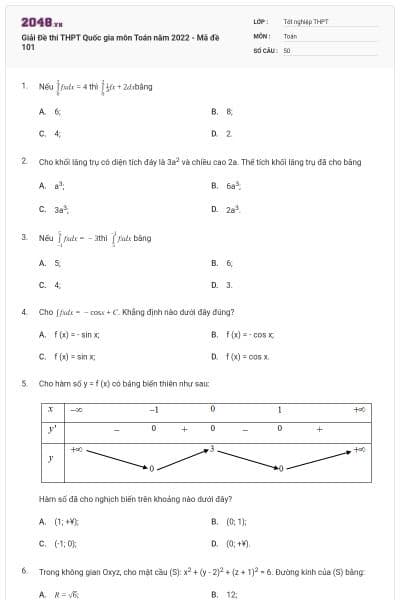 Giải Đề thi THPT Quốc gia môn Toán năm 2022 - Mã đề 101
