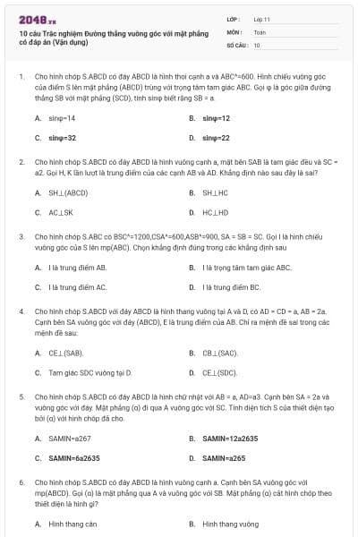 10 câu Trắc nghiệm Đường thẳng vuông góc với mặt phẳng có đáp án (Vận dụng)