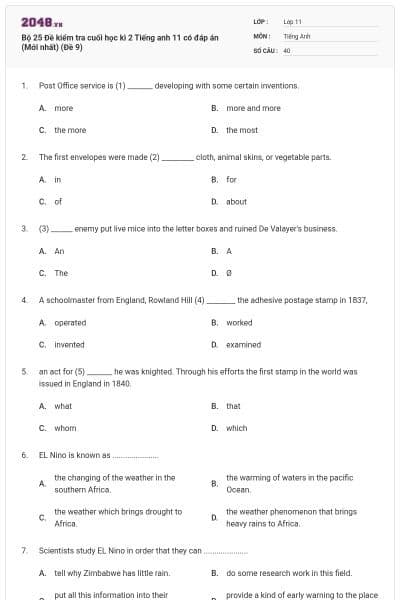 Bộ 25 Đề kiểm tra cuối học kì 2 Tiếng anh 11 có đáp án (Mới nhất) (Đề 9)