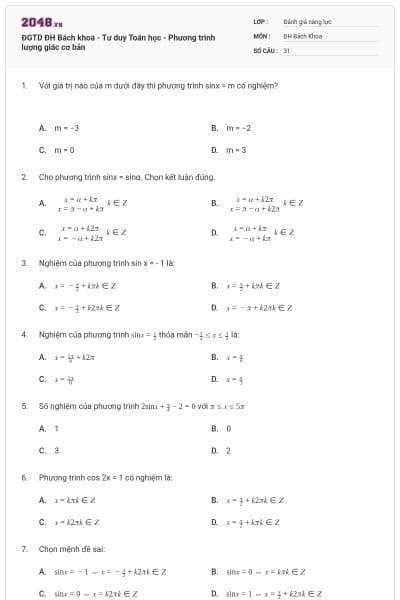 ĐGTD ĐH Bách khoa - Tư duy Toán học - Phương trình lượng giác cơ bản