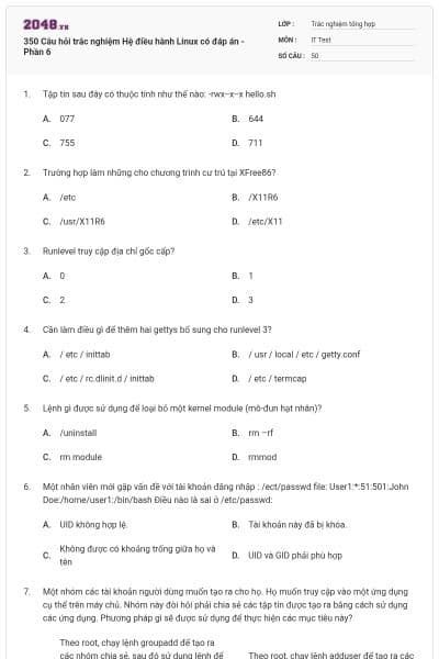 350 Câu hỏi trắc nghiệm Hệ điều hành Linux có đáp án - Phần 6