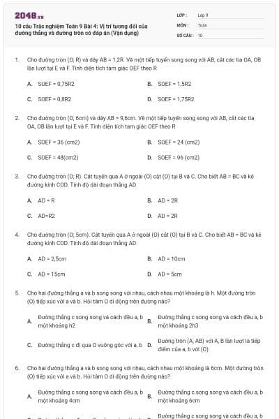 10 câu Trắc nghiệm Toán 9 Bài 4: Vị trí tương đối của đường thẳng và đường tròn có đáp án (Vận dụng)
