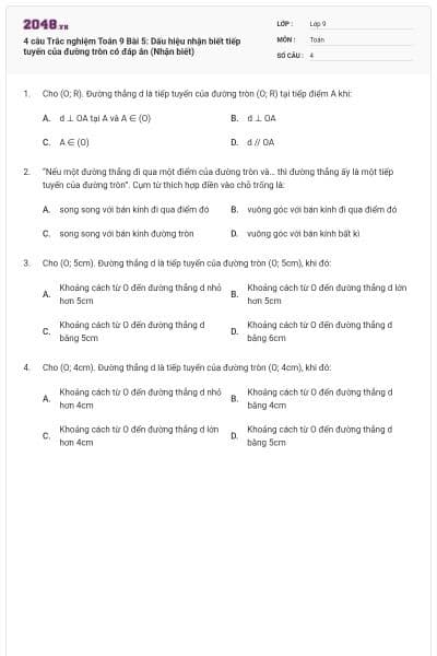 4 câu Trắc nghiệm Toán 9 Bài 5: Dấu hiệu nhận biết tiếp tuyến của đường tròn có đáp án (Nhận biết)