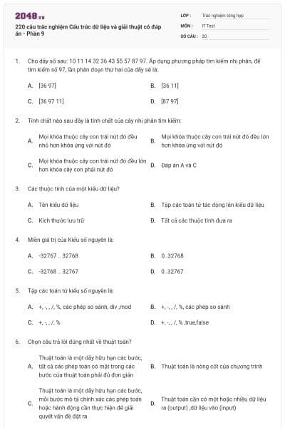 220 câu trắc nghiệm Cấu trúc dữ liệu và giải thuật có đáp án - Phần 9