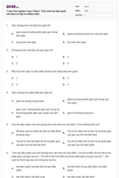 7 câu Trắc nghiệm Toán 9 Bài 6: Tính chất hai tiếp tuyến cắt nhau có đáp án (Nhận biết)