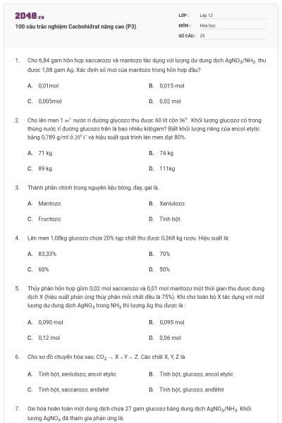 100 câu trắc nghiệm Cacbohiđrat nâng cao (P3)