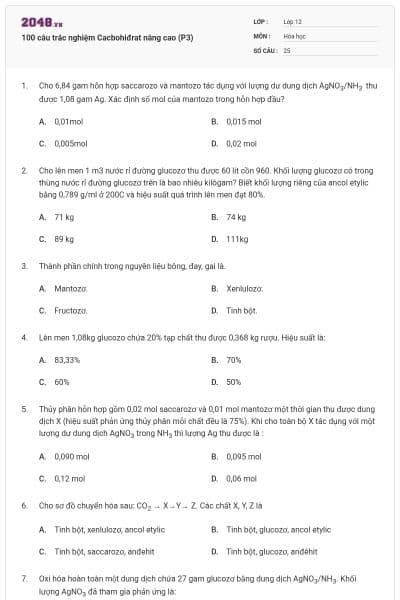 100 câu trắc nghiệm Cacbohiđrat nâng cao (P3)