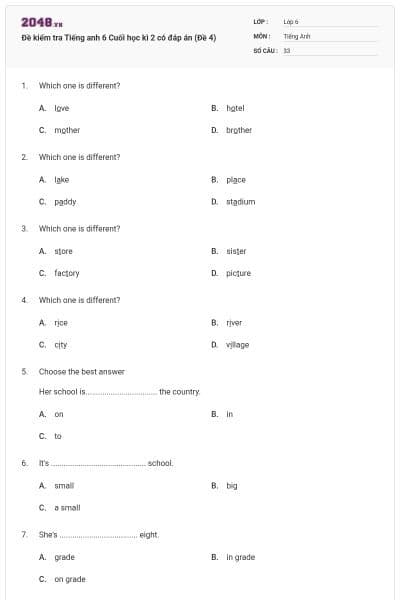 Đề kiểm tra Tiếng anh 6 Cuối học kì 2 có đáp án (Đề 4)