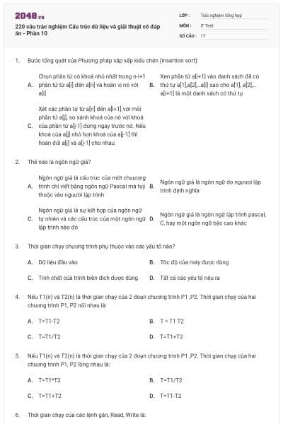 220 câu trắc nghiệm Cấu trúc dữ liệu và giải thuật có đáp án - Phần 10