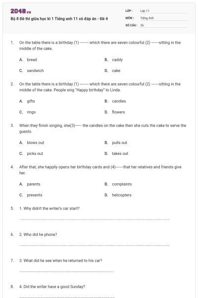 Bộ 8 Đề thi giữa học kì 1 Tiếng anh 11 có đáp án - Đề 4