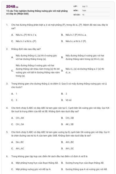 15 câu Trắc nghiệm Đường thẳng vuông góc với mặt phẳng có đáp án (Nhận biết)
