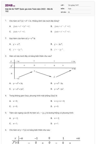 Giải Đề thi THPT Quốc gia môn Toán năm 2022 - Mã đề 102
