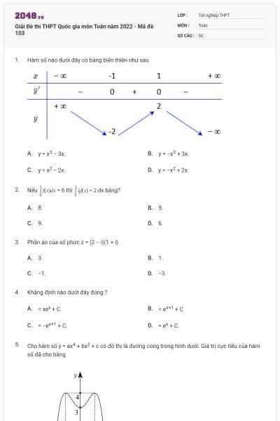 Giải Đề thi THPT Quốc gia môn Toán năm 2022 - Mã đề 103