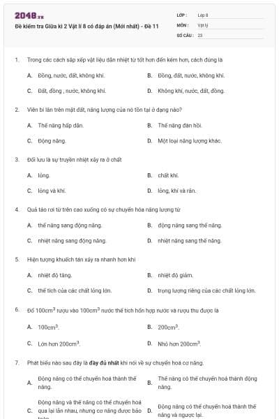Đề kiểm tra Giữa kì 2 Vật lí 8 có đáp án (Mới nhất) - Đề 11