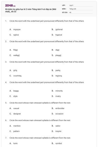 Đề kiểm tra giữa học kì 2 môn Tiếng Anh 9 có đáp án (Mới nhất)_ đề 32
