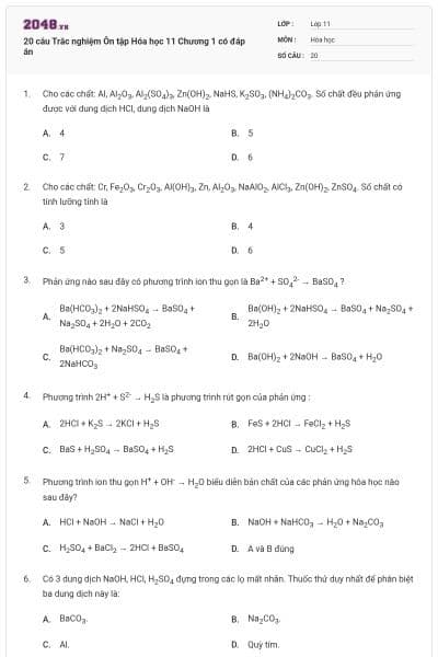 20 câu Trắc nghiệm Ôn tập Hóa học 11 Chương 1 có đáp án