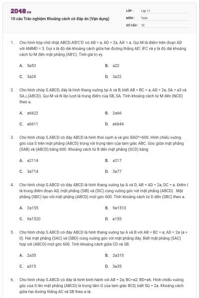 10 câu Trắc nghiệm Khoảng cách có đáp án (Vận dụng)