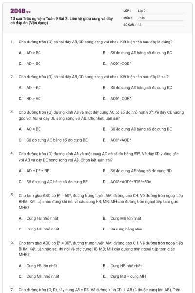 13 câu Trắc nghiệm Toán 9 Bài 2: Liên hệ giữa cung và dây có đáp án (Vận dụng)