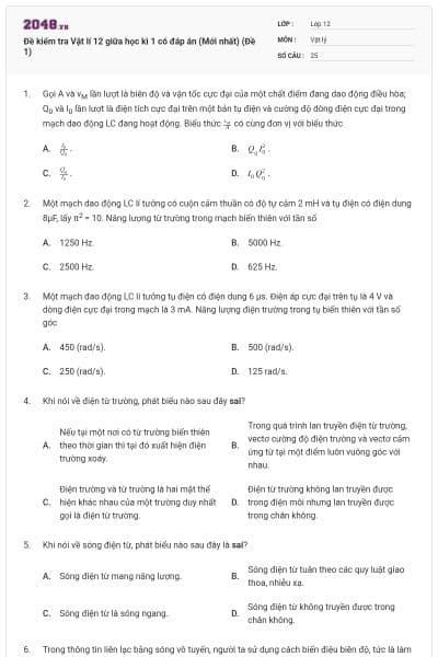 Đề kiểm tra Vật lí 12 giữa học kì 1 có đáp án (Mới nhất) (Đề 1)