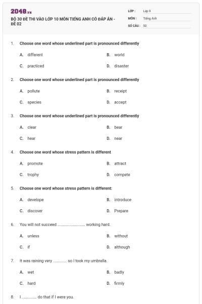 BỘ 30 ĐỀ THI VÀO LỚP 10 MÔN TIẾNG ANH CÓ ĐÁP ÁN - ĐỀ 02