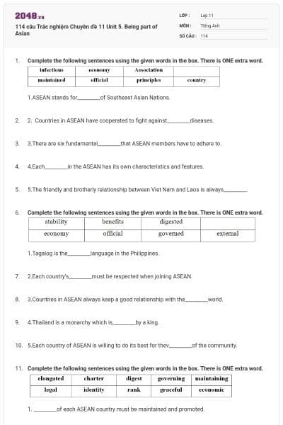 114 câu Trắc nghiệm Chuyên đề 11 Unit 5. Being part of Asian