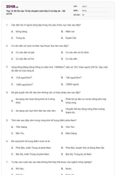 Top 10 đề thi vào 10 hệ chuyên môn Địa lí có đáp án - Đề số 04