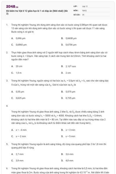 Đề kiểm tra Vật lí 12 giữa học kì 1 có đáp án (Mới nhất) (Đề 3)