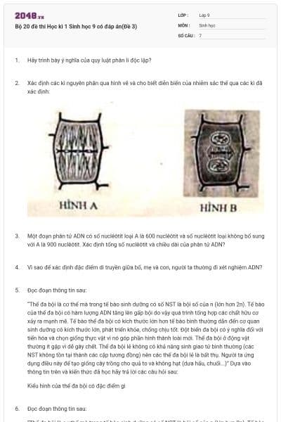 Bộ 20 đề thi Học kì 1 Sinh học 9 có đáp án(Đề 3)