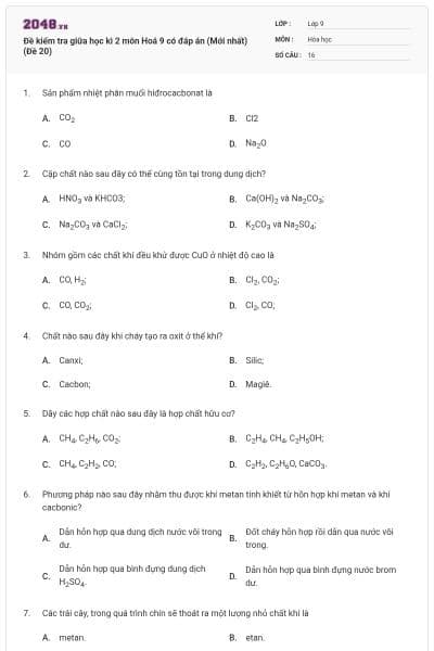 Đề kiểm tra giữa học kì 2 môn Hoá 9 có đáp án (Mới nhất) (Đề 20)