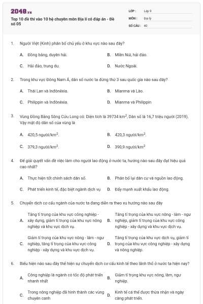 Top 10 đề thi vào 10 hệ chuyên môn Địa lí có đáp án - Đề số 05