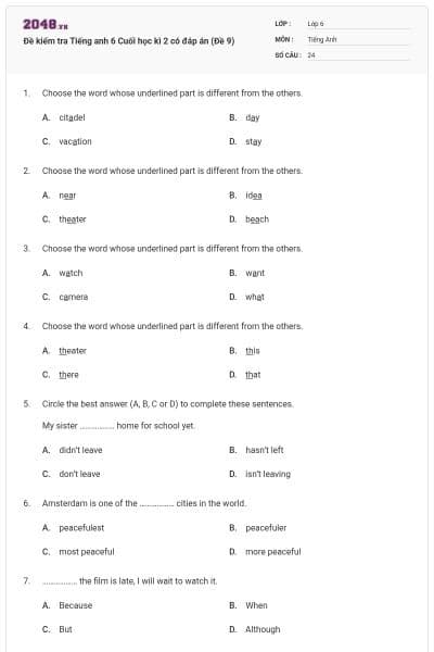 Đề kiểm tra Tiếng anh 6 Cuối học kì 2 có đáp án (Đề 9)