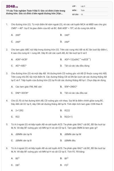 19 câu Trắc nghiệm Toán 9 Bài 5: Góc có đỉnh ở bên trong đường tròn. Góc có đỉnh ở bên ngoài đường tròn (Vận dụng)