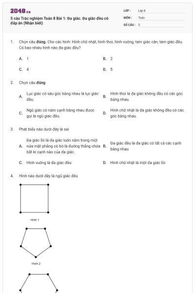 5 câu Trắc nghiệm Toán 8 Bài 1: Đa giác. Đa giác đều có đáp án (Nhận biết)