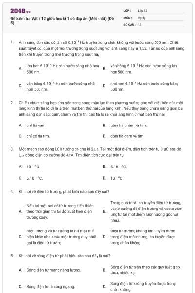 Đề kiểm tra Vật lí 12 giữa học kì 1 có đáp án (Mới nhất) (Đề 5)