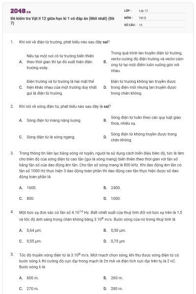 Đề kiểm tra Vật lí 12 giữa học kì 1 có đáp án (Mới nhất) (Đề 7)