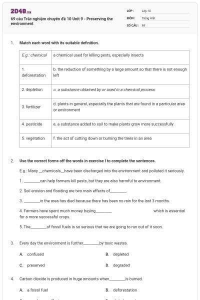 69 câu Trắc nghiệm chuyên đề 10 Unit 9 - Preserving the environment
