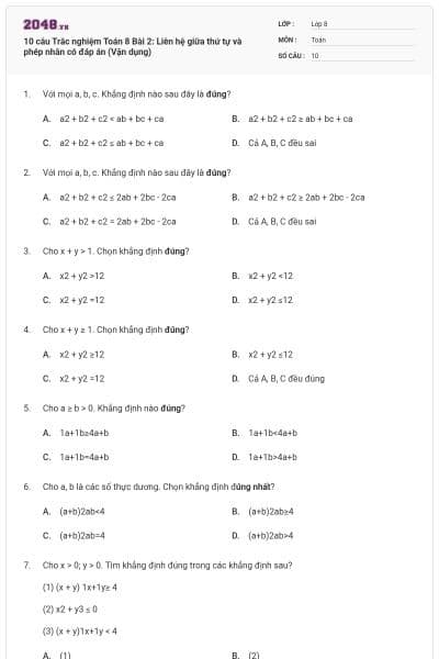 10 câu Trắc nghiệm Toán 8 Bài 2: Liên hệ giữa thứ tự và phép nhân có đáp án (Vận dụng)