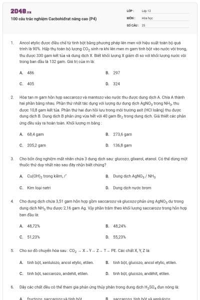 100 câu trắc nghiệm Cacbohiđrat nâng cao (P4)