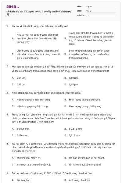 Đề kiểm tra Vật lí 12 giữa học kì 1 có đáp án (Mới nhất) (Đề 8)