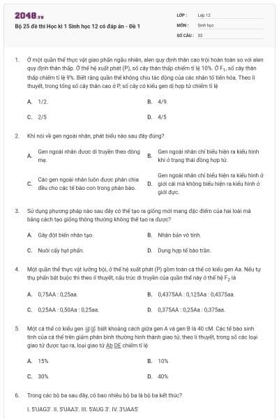 Bộ 25 đề thi Học kì 1 Sinh học 12 có đáp án - Đề 1