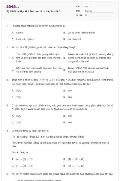 Bộ 25 đề thi Học kì 1 Sinh học 12 có đáp án - Đề 3