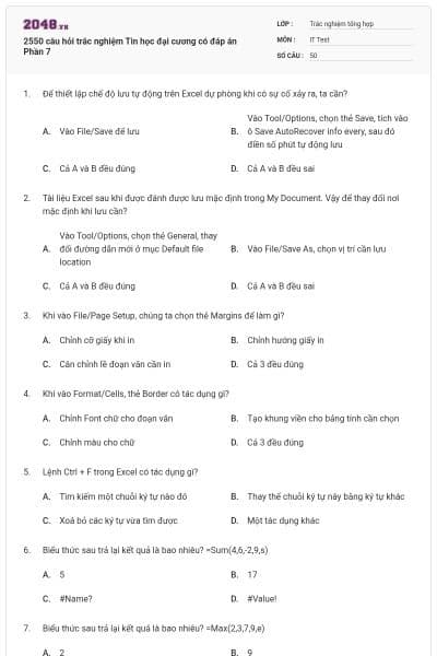 2550 câu hỏi trắc nghiệm Tin học đại cương có đáp án Phần 7