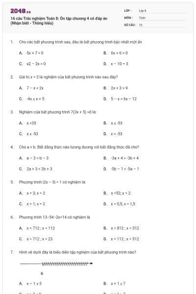 16 câu Trắc nghiệm Toán 8: Ôn tập chương 4 có đáp án (Nhận biết - Thông hiểu)