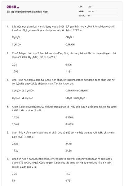 Bài tập về phản ứng thế kim loại Natri