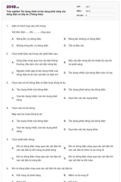 Trắc nghiệm Tác dụng nhiệt và tác dụng phát sáng của dòng điện có đáp án (Thông hiểu)