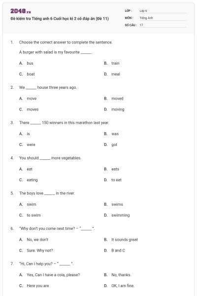 Đề kiểm tra Tiếng anh 6 Cuối học kì 2 có đáp án (Đề 11)