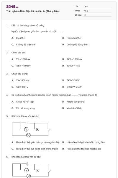Trắc nghiệm Hiệu điện thế có đáp án (Thông hiểu)
